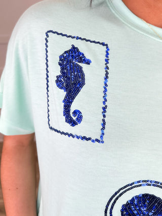 Stamped By the Sea Sequin Short Sleeve Green Avery Mae Top