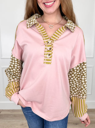 Cotton long-sleeve top, blush pink with floral sleeves and striped trim