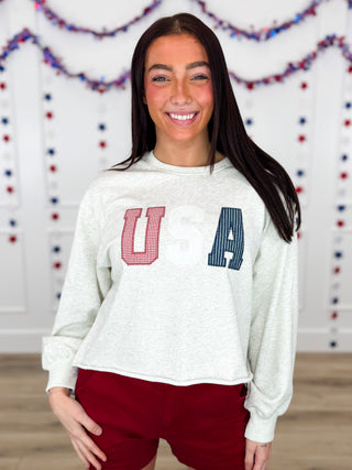 Uniquely USA Long Sleeve Grey Avery Mae Mom Cropped Top