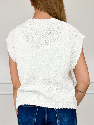 Cotton cap sleeve sweater top, textured white knit, back view