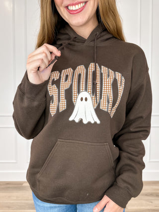 Spooky Vibes Only Cotton Blend Long Sleeve Brown Avery Mae Graphic Hoodie Sweatshirt (Gildan)