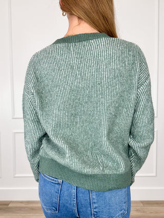 Dark green knit long-sleeve sweater top with crew neckline, back view