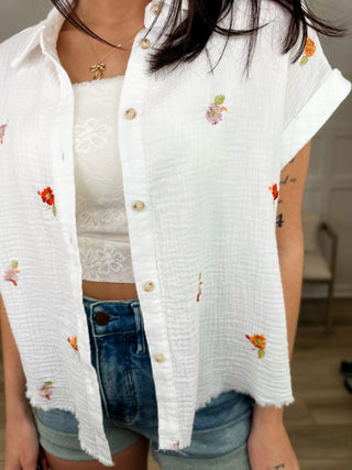 Curious Isn't it Cotton Short Sleeve White Avery Mae Button Up Top