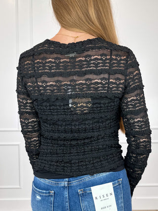 Black sheer mesh long sleeve top, back view, textured ruffled stripes.