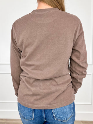 Brown long-sleeve crewneck tee with plain back and relaxed fit