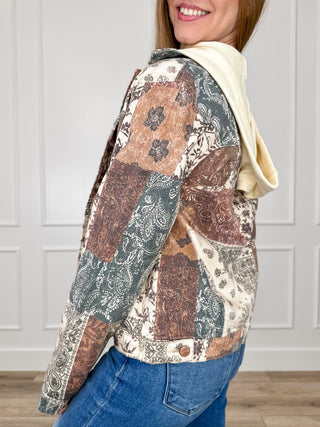 Patchwork hooded denim jacket with long sleeves, multicolor tile pattern and cream hood