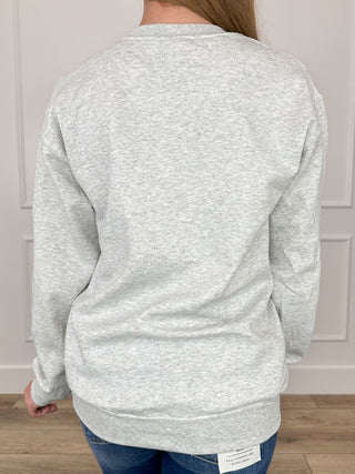 Grey long-sleeve crewneck sweatshirt, back view