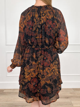 Avery Mae dress with keyhole neckline and button, dark floral print, gathered tiers