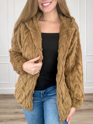 Michelle Mae Not the Point Sherpa Long Sleeve Brown Hooded Jacket
