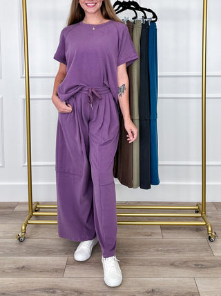 Smoky lilac high-rise wide-leg pants with drawstring waist and side cargo pockets
