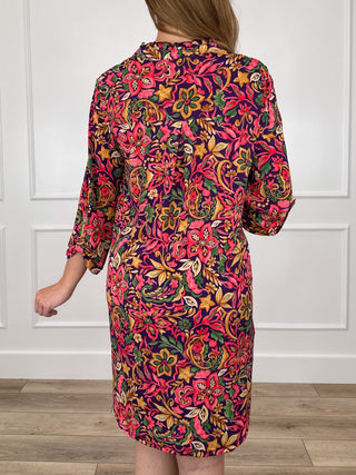 Plum floral print long-sleeve dress with round neckline and back yoke detail