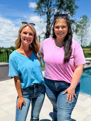 Blue and pink cotton short-sleeve tops, V-neck