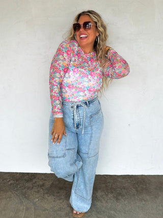 Sheer mesh long-sleeve floral top, pink with colorful small flowers