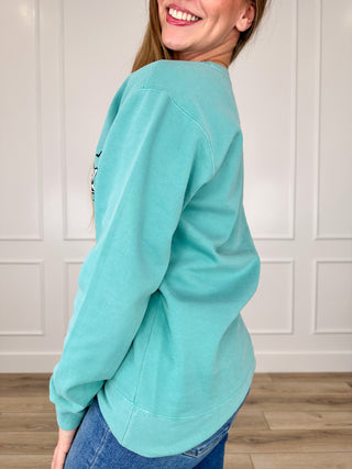 Tis the Season for Boos Cotton Blend Long Sleeve Turquoise Avery Mae Graphic Crewneck Sweatshirt (Comfort Colors)