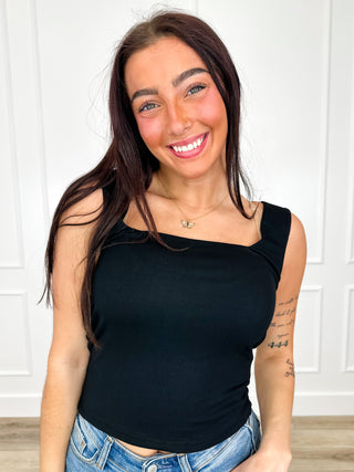 Black square-neck tank top with thin shoulder straps
