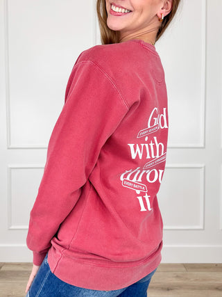 Brick red crewneck sweatshirt, back graphic text print, long sleeves