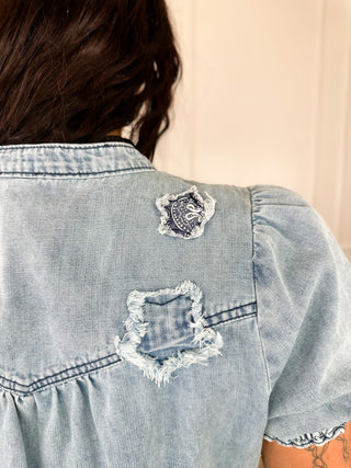 Denim short-sleeve top back with embroidered star patch and gathered yoke