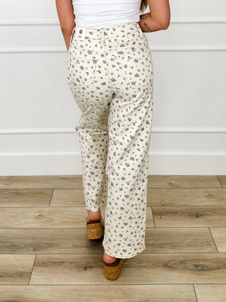 High-rise cream floral print cotton blend jeans, straight wide legs and pockets