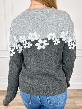 Grey knit long-sleeve sweater with white floral yoke band, back view