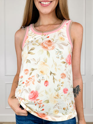 Cotton-blend cream floral tank top with pink-trim crew neck and sleeveless armholes