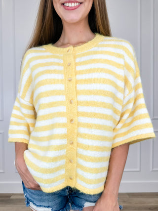 Shine on Knit Short Sleeve Yellow Avery Mae Button Up Cardigan