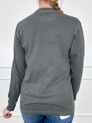 Back view of a dark gray long-sleeve tee with a plain back