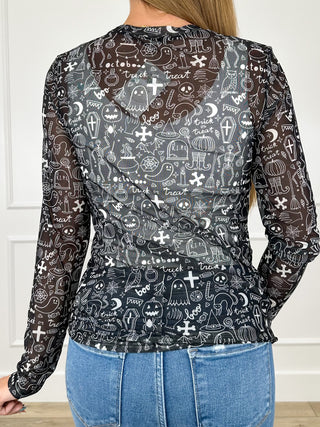 Creep it Real Sheer Long Sleeve Black Avery Mae Top
