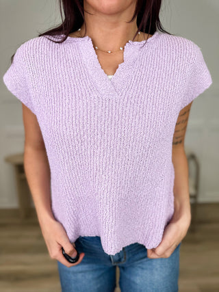 Purple short sleeve knit sweater top with V-neck