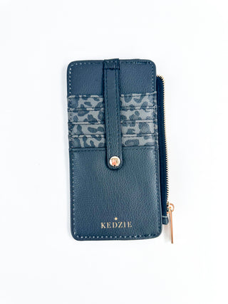 Faux leather blue camo wallet with snap button and card slots