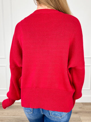 Red long-sleeve knit sweater, crew neck, back view