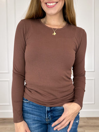 Brown long-sleeve crewneck top, fitted ribbed knit