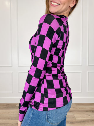 Michelle Mae Over My Head Rayon Blend Long Sleeve Checkered Top - Multiple Colors