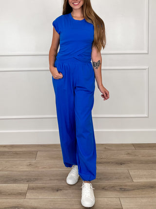 High-rise cotton blend set in royal blue: fitted short-sleeve top and wide-leg jumpsuit pants