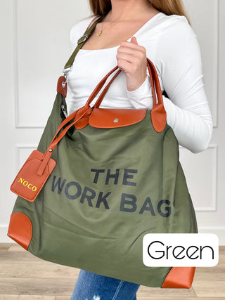 Green work tote bag with orange leather trim and shoulder strap