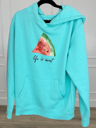 Kids turquoise long-sleeve hoodie with watermelon graphic, hood, and kangaroo pocket