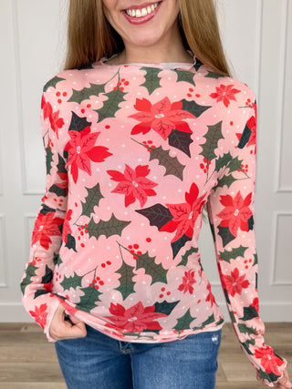 Sheer mesh long-sleeve top, pink with red holiday floral pattern