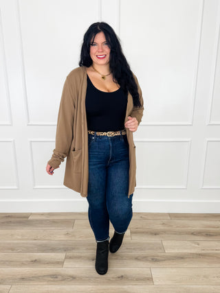 Latte brown long-sleeve button-up cardigan, open front with draped fit