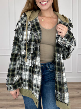 Green plaid hooded jacket with long sleeves, front zipper, and kangaroo pockets