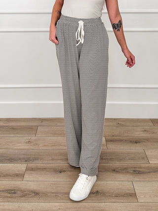 High-rise striped knit wide-leg pants with drawstring waist, gray