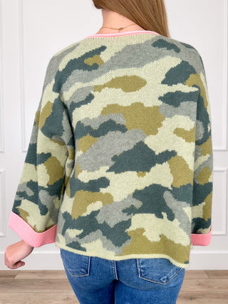 Camo knit sweater top with 3/4 sleeves and pink striped cuffs, back view