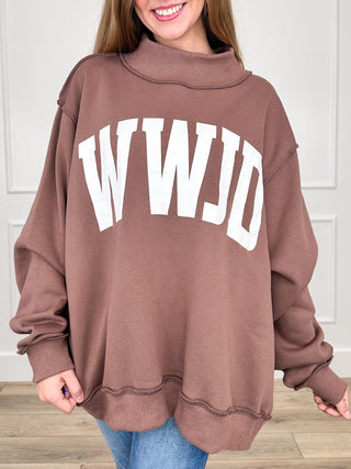 Brown mock-neck long-sleeve sweatshirt with white front graphic print