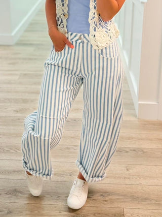 Sarina High-Rise Barrel Leg Striped Avery Mae Jeans - White (Non-Distressed)