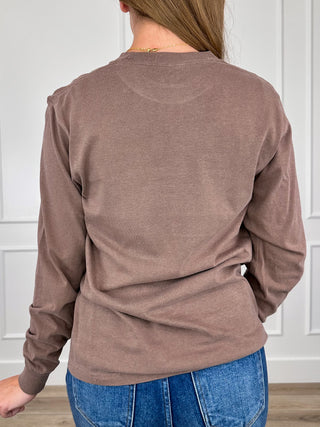 Brown long-sleeve cotton tee, back view