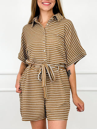 Striped button-front romper with drawstring waist, short sleeves, and patch pockets