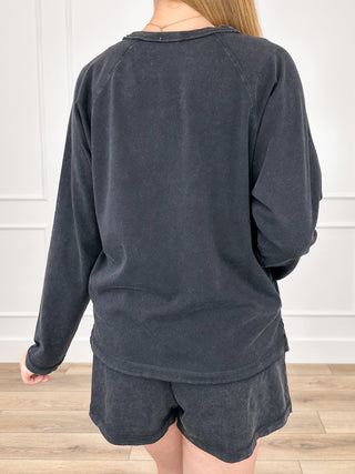 Black cotton-blend sweatshirt and high-rise drawstring shorts set, back view