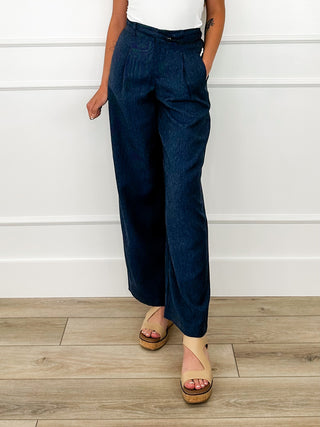 Avery Mae high-rise wide-leg dark wash denim pants with tie waist