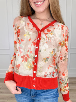 Sheer mesh button-up cardigan with watercolor floral print, orange rib trim and long sleeves