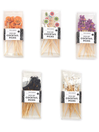 Halloween cocktail picks pack with orange pumpkins, green eyes and purple figures