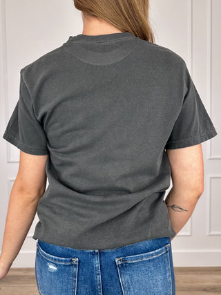 Grey short-sleeve graphic T-shirt, back view, crew neck and plain back
