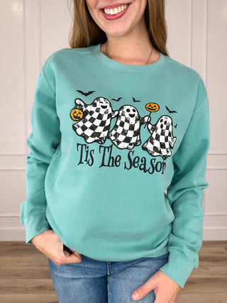 Tis the Season for Boos Cotton Blend Long Sleeve Turquoise Avery Mae Graphic Crewneck Sweatshirt (Comfort Colors)